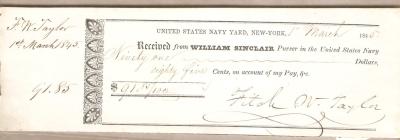 US Navy Yard USN New York Pay Receipt 1845