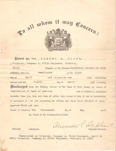 Discharge Paper New Jersey NG Infantry 1902