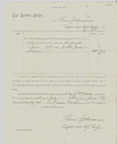 US Army 24th Infantry Payment Receipt 1874