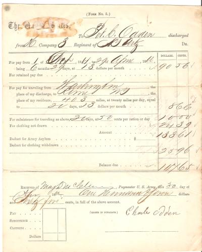 Civil War Artillery Discharge Payment Receipt 1862