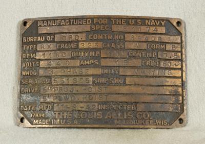 WWII USN Navy Equipment Data Plate 