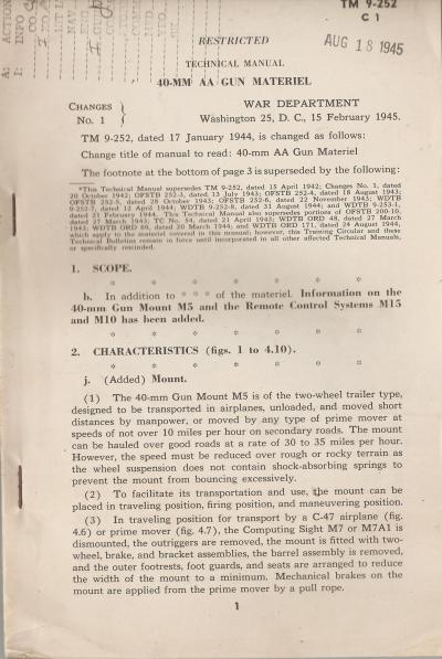 Manual TM 9-252 40mm AA Gun Materiel