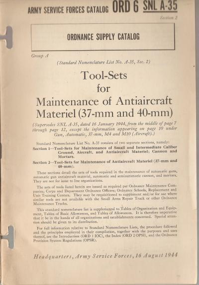 Manual SNL A-35 Tool Set 37mm 40mm AA Guns