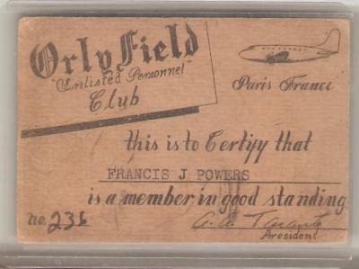 Orly Field Paris Enlisted Club Member Card