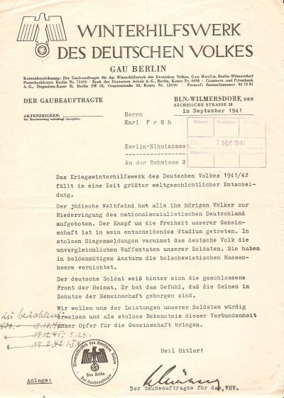 WWII German WHW Gau Berlin Propaganda Letter