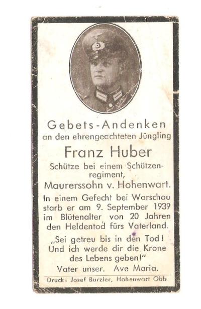 WWII German Death Card Poland September 9 1939