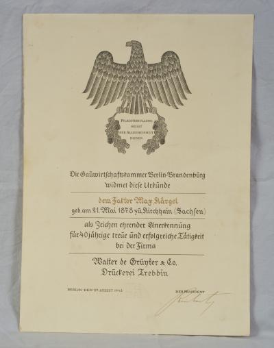 WWII German Factory Service Award Document 1943