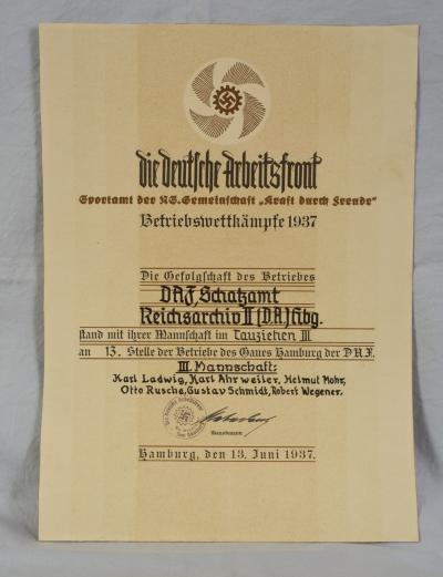 WWII German DAF Labor Front Sports Award Document