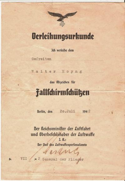 Award Document FallschirmjÃ¤ger Badge