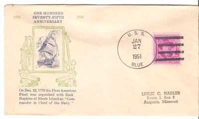 USS Blue USN Navy Ship Canceled Envelope 1951