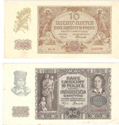 Polish 10 and 20 Zlotych Notes 2 Total 1940