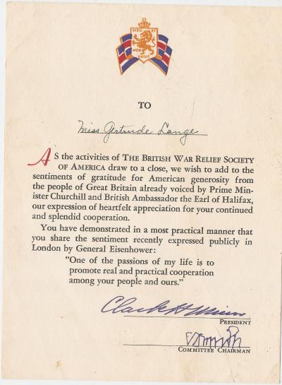 British War Relief Society Document